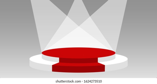 The circular stage with the red carpet has lighting on a gray abstract background.