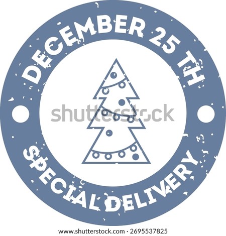 Circular stamp with a Christmas tree and festive text in a textured style. The design features holiday-themed elements and a vintage appearance. Cartoon vector illustration.