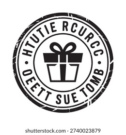 Circular stamp featuring a gift box with a bow surrounded by text