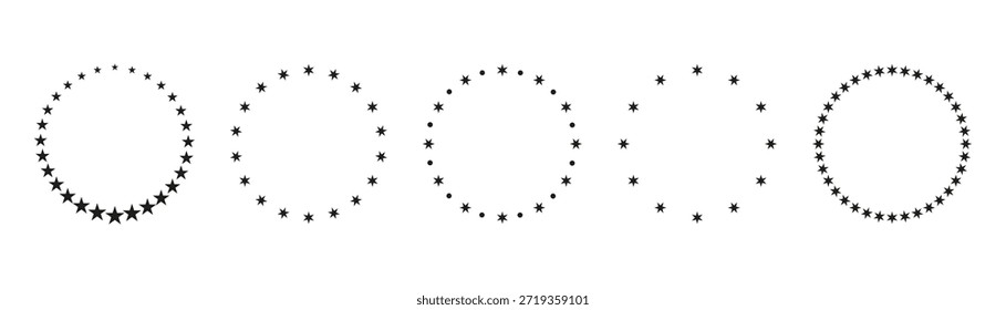 Circular star borders with decorative arrangements. Simple monochrome frames made of stars for badges and emblems