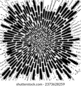 Zirkuläre Starburst-Explosionsstruktur. Unruhestifter ungleicher brüchiger Hintergrund. Abstrakte Vektorgrafik. Overlay, um interessante Wirkung und Tiefe zu erzeugen. Einzeln auf weißem Hintergrund.