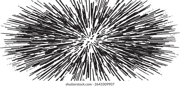 Circular starburst explosion texture. Distressed uneven grunge background. Abstract vector illustration. Overlay to create interesting effect and depth. Isolated on white background.