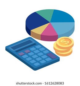 circular statistical with calculator and pile coins vector illustration design