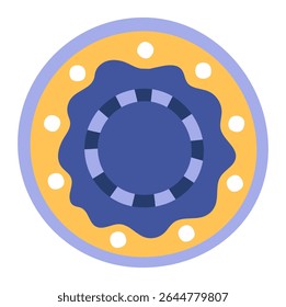 Adesivo circular com um padrão hipnótico em tons de azul e amarelo, assemelhando-se a um chip de casino, com uma forma ondulada e alternando segmentos escuros e claros