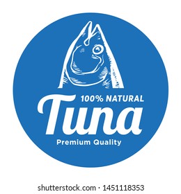 Circular Sticker Logo red tuna (Thunnus thynnus) silhouette seafood shop label, design elements, emblem template. 100% natural. Premium Quality