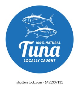 Circular Sticker Logo red tuna (Thunnus thynnus) silhouette seafood shop label, design elements, emblem template. 100% natural