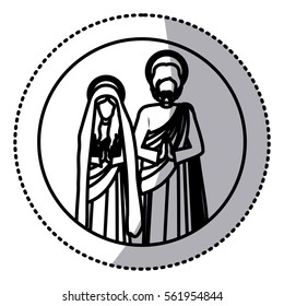 circular sticker with silhouette virgin mary and saint joseph praying