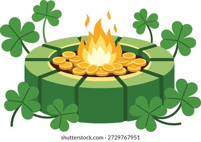 Fosso de fogo de pedra circular preenchido com moedas de ouro brilhante e decorações de trevo. Ilustração de vetor plano para o tema Dia de São Patrício.