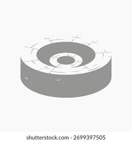 Uma estrutura de pedra circular com um desenho em espiral é apresentada contra um fundo plano. O objeto parece estar com intempéries.