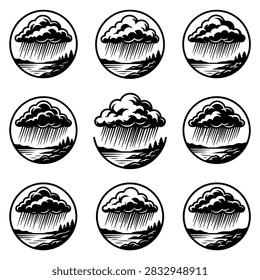 Circular storm cloud and rain landscape icons.