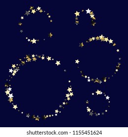Circular strings of randomly scattered stars.  Isolated gradient celestial elements. Platinum chrome metal glitter. Festive iridescent holographic shine effect vector template for decorations.