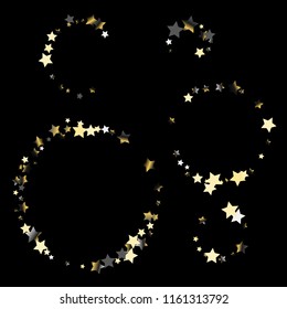Circular strings of randomly scattered stars.  Isolated gradient stellar elements. Platinum chrome metal shine. Festive iridescent holographic shine effect vector template for decorations.