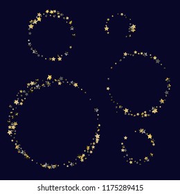 Circular strings of randomly scattered stars.  Isolated gradient celestial elements. Platinum chrome metal shine. Festive iridescent holographic shine effect vector template for decorations.