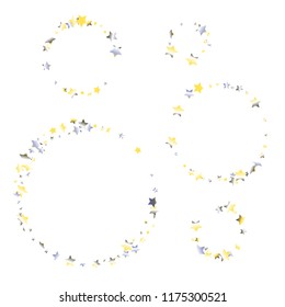 Circular strings of randomly scattered stars.  Isolated yellow blue white grey gradient stellar elements. Iridescent glitter festive celebration vector template for celebration decoration