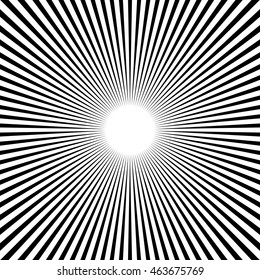 Circular, stripes lines geometric pattern. Monochrome starburst, sunburst. Vector.