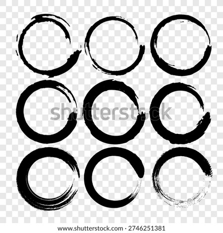 Circular stroke set. Round brush Vector. Black ring icons. Artistic ink calligraphic shape