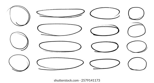Circular strokes marker felt pen scribbles doodle line collection. Hand drawn outline sketch wave brush circle mark elements rough set for text highlight ovals.