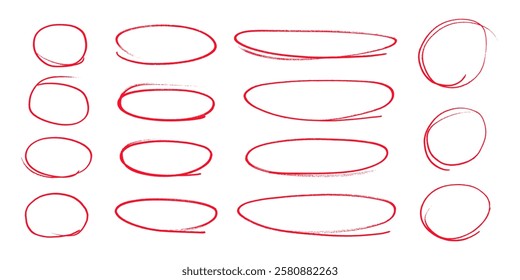 Circular strokes marker felt pen scribbles doodle line collection. Hand drawn outline sketch wave brush circle mark elements rough set for text highlight ovals.