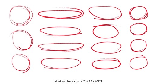 Circular strokes marker felt pen scribbles doodle line collection. Hand drawn outline sketch wave brush circle mark elements rough set for text highlight ovals.