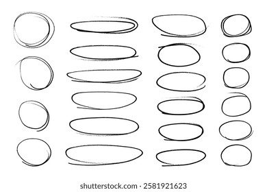 Traços circulares marcador feltro caneta rabiscos doodle linha coleção. Esboço desenhado à mão esboço onda pincel círculo marcar elementos áspero conjunto para texto realce ovais.