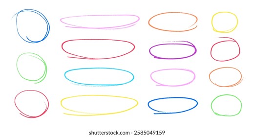 Circular strokes marker felt pen scribbles doodle line collection. Hand drawn outline sketch wave brush circle mark elements rough set for text highlight ovals.