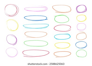 Circular strokes marker felt pen scribbles doodle line collection. Hand drawn outline sketch wave brush circle mark elements rough set for text highlight ovals.