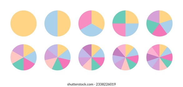 Circular structure chart divided into multicolor segments. Piechart with segments and slices. Ring section template. Circle graph. Pie diagram. Set schemes with sectors. Vector illustration