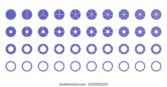 Circular structure chart. Ring graph divided into pieces. Blue circle section template. Pie diagram. Set schemes with sectors. Piechart with segments and slices. Vector illustration