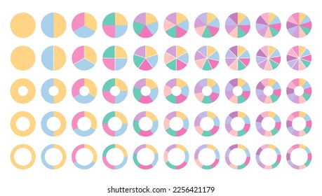 Estructura circular dividida en segmentos multicolor. Gráfico circular. Plantilla de sección de anillo. Diagrama de tubería. Establecer esquemas con sectores. Piechart con segmentos y rodajas. Ilustración del vector