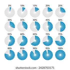 Circular structure divided into pieces. Round section graph. Pie diagram template. Piechart with segments and slices. Set schemes. Blue circle chart. Vector illustration