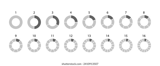 Circular structure grey colors graph. Piechart with segments and slices. Pie diagram divided into pieces. Round chart. Circle section template. Set schemes with sectors. Vector illustration