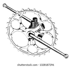 It is a circular structure with pointed projections where the chain is attached.  Pedals are also attached here, vintage engraved line art illustration. Bicycle Accessories - 1900