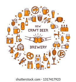 Circular style a large set of colorful icons on the topic of beer, its production and use in vector format with place for the text. Craft Beer pixel-perfect icons isolated on white background.