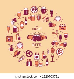 Circular style set of colorful icons on the topic of beer, its production and use in vector format with place for the text. Craft Beer pixel-perfect icons in the modern style isolated on background.