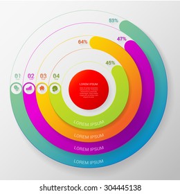 Circular Stylish Multicolor Round Percent Line 4 Step Indicators Infographics Mockup Template. Target Red Center Thick Lines Intertwine Interlace. Infographic Elements Background Concepts Collection.