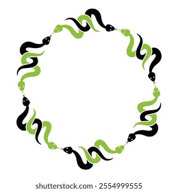 Circular stylized border with green and black snakes. Vector illustration.