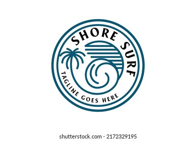 Circular Sun Palm Coconut Tree with Ocean Sea Wave for Surf Beach Vacation Logo Design Vektor