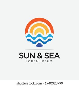 circular sun and sea illustration logo design modern icon symbol vector template,travel logo business,outdoor