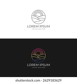 Circular Sunrise Sunset Ocean Sea Wave Line Style Logo Design Vector