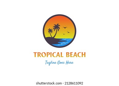 Circular Sunset Palm Coconut Tree for Summer Beach Logo Design Vector Illustration
