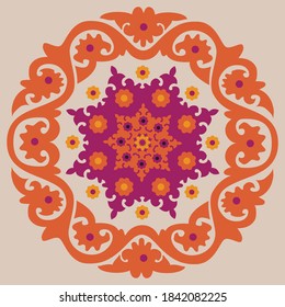 Circular Suzani placement design. Perfect for t-shirts, scrapbooking, decorative pillow, placemats, wallpaper, paper products