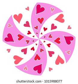 A circular swirling pattern of red hearts on a white background.
