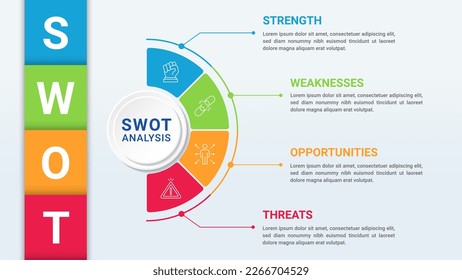 Circular SWOT Analysis Infographics Diagram in Circle and Road with Arrow. Business Advantages and Disadvantages. Colorful Presentation Template for Planning, Management, and Evaluation of Project.