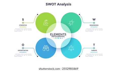 Circular SWOT chart with 4 circles elements or petals. Simple diagram for business analysis and strategic planning. Flat infographic design template. Modern vector illustration for presentation.