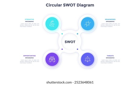 Diagrama DAFO circular para la planificación de negocios y Plantilla de diseño de infografía de control. Lados débiles y fuertes del Plan de la empresa. Investigación comercial. Gráfico con 4 pasos e iconos. Presentación de datos visuales