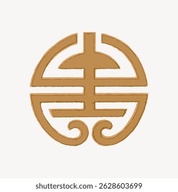 Circular symbol with intricate design, featuring geometric shapes and symmetrical patterns. The symbol is rendered in a brown color on a white background. Graphic element vector.