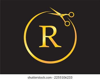 Circular symbol with the letter R for male or female beauty salon logo with mirror effect.