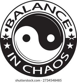 Um símbolo circular com yin e yang representando equilíbrio no caos com estrelas ao seu redor