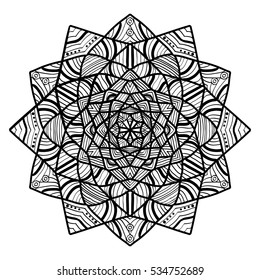 Circular symmetric flower print template. Hand drawn linear doodle, isolated on white background.