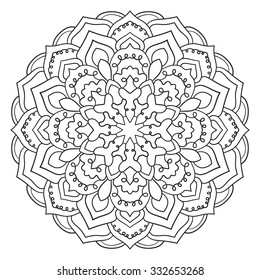 Circular symmetric pattern on white background. Illustration of mandala for painting. Coloring book page for adults.
